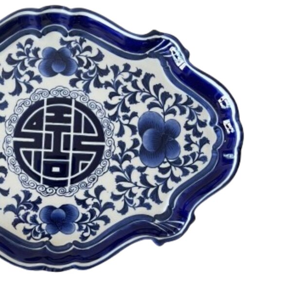 Vintage Bombay Company Chinoiserie Blue and White Porcelain tray, wooden stand - Picture 6 of 16